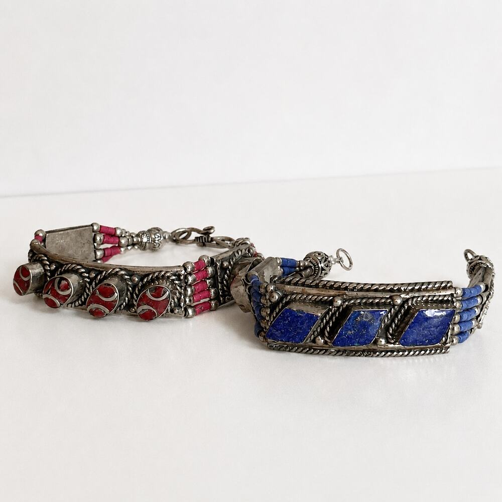 Vintage Tibetan Silver Bracelets with Stone Inlay Boho Jewelry